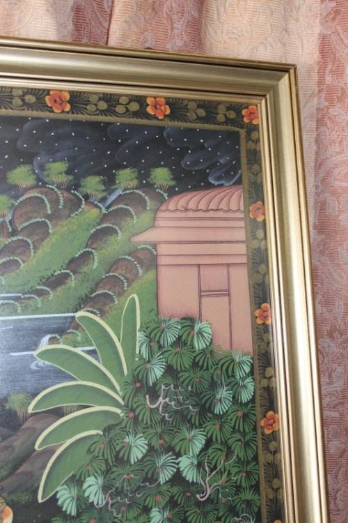 A STUNNING LARGE (1.5m x 1m) PAINTING OF THE HINDU GOD KRISHNA PLAYING THE FLUTE IN A GARDEN