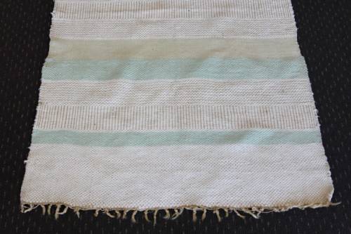 A STUNNING WOVEN WOOL CARPET IN SOFT GREENS, CREAM AND TAN STRIPES = PERFECT BATH CARPET