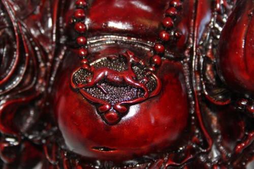 AN EXQUISITE (LARGE) CHINESE LAUGHING BUDDHA (BUDAI) IN A TRADITIONAL RED LACQUERED FINISH