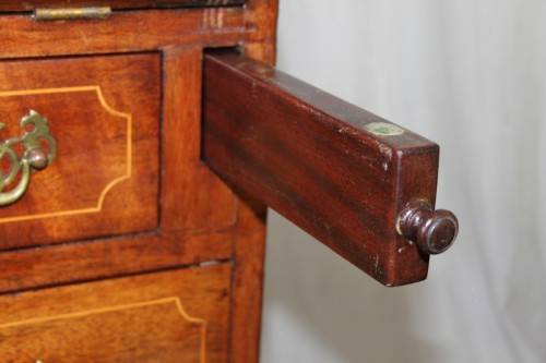 A SUPERB ANTIQUE SOLID TEAK "PAD-FOOT" FLIP-TOP WRITING DESK WITH THREE DRAWERS & INLAY DETAILING