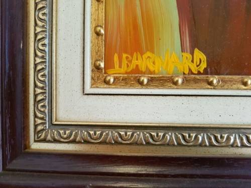 A SPECTACULARLY FRAMED ORIGINAL SIGNED LYNETTE BARNARD OIL PAINTING WITH BOLD STRIKING COLOURS