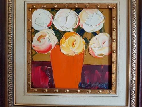 AN EXQUISITELY FRAMED ORIGINAL SIGNED LYNETTE BARNARD OIL PAINTING WITH BOLD STRIKING COLOURS