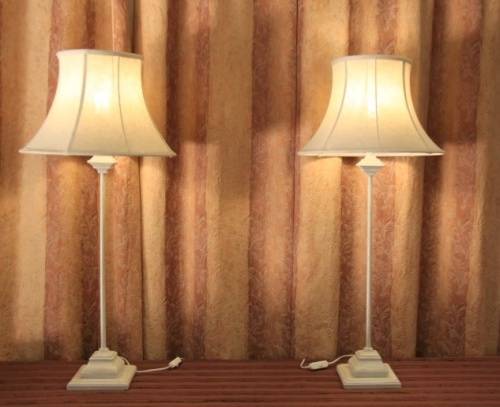 Two beautiful and elegant "tall" occasional table/ bedside lamps with white shades bid/lamp