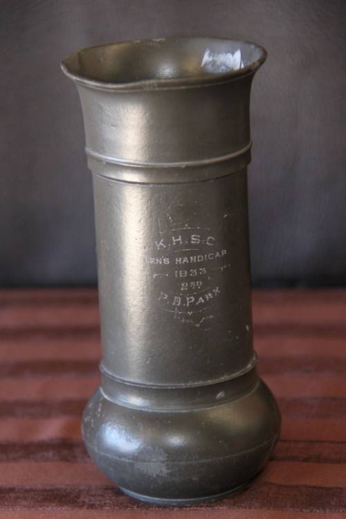 An amazing antique (c1933) rare engraved pewter vase in wonderful condition