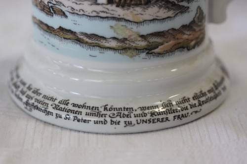 An awesome vintage white German made ceramic (lidded) Stein with "Munich" related transfer prints