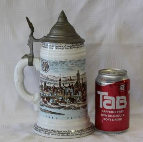 An awesome vintage white German made ceramic (lidded) Stein with "Munich" related transfer prints