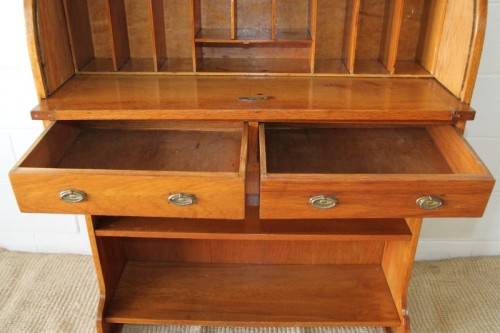 An incredible vintage solid oak roll top writing bureau with pull out writing top - very compact!