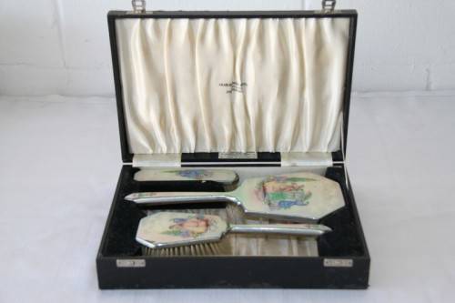 **RS17** A beautiful antique Art Deco enamelled vanity set w/ brushes & mirror in its original case
