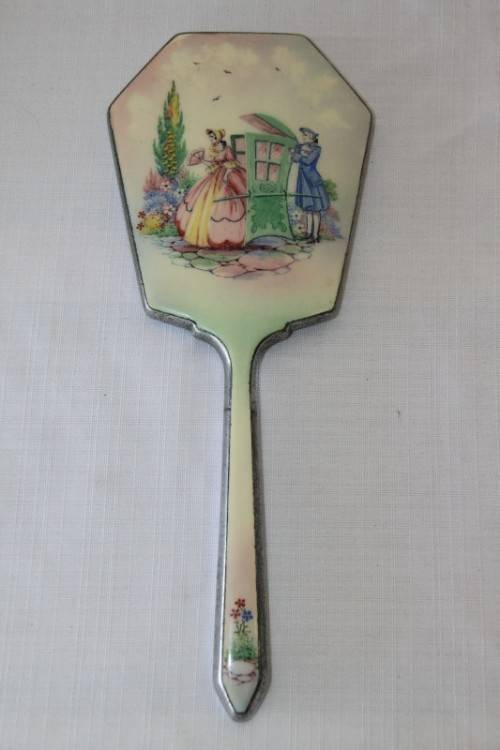**RS17** A beautiful antique Art Deco enamelled vanity set w/ brushes & mirror in its original case