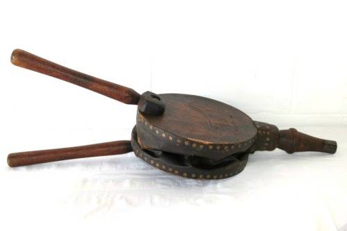 **RS17** An antique fireplace bellows with a iron tip, carved detailing and brass embellishments