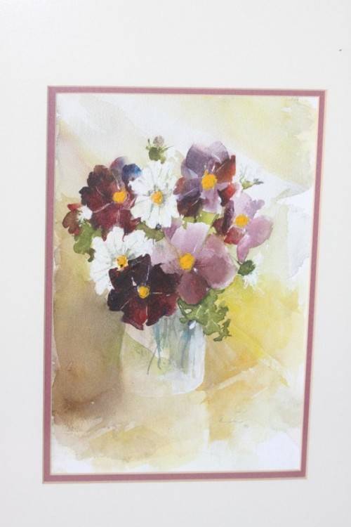 A beautifully painted framed original signed watercolour painting of a vase of Cosmos RS17