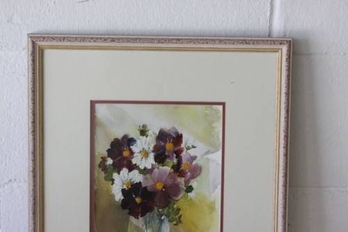 A beautifully painted framed original signed watercolour painting of a vase of Cosmos RS17