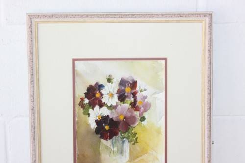 A beautifully painted framed original signed watercolour painting of a vase of Cosmos RS17