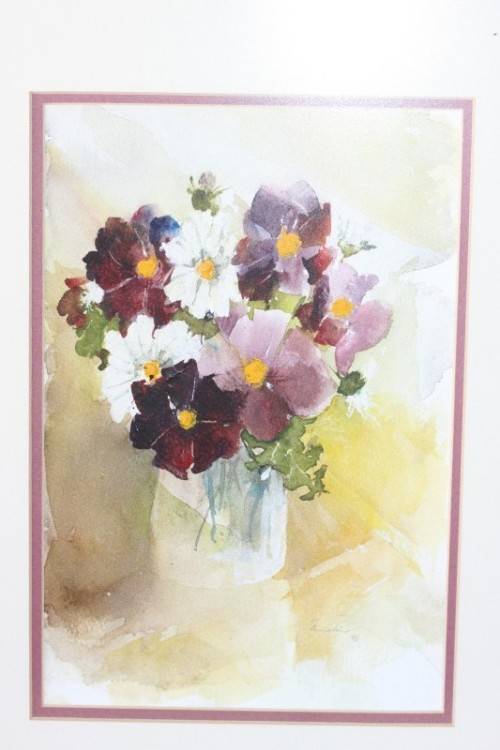 A beautifully painted framed original signed watercolour painting of a vase of Cosmos RS17