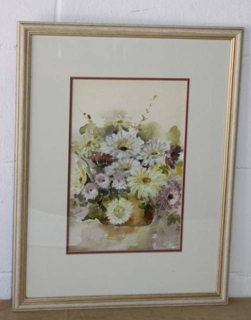 An exquisitely painted framed original signed watercolour painting of a vase of flowers RS17