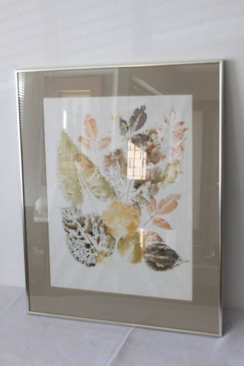 Incredible original watercolour painting of leaves in a metal frame behind glass - RS17Sale