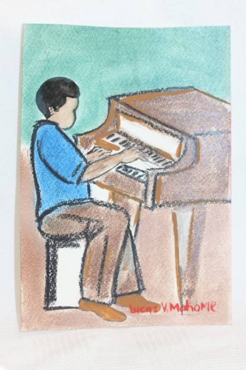 Stunning original signed unframed "Lucas V. Mahome" watercolour painting of a piano player-RS17Sale