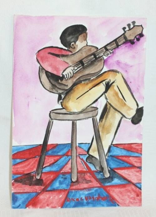 Beautiful original signed unframed Lucas V. Mahome watercolour painting of a guitar player -RS17Sale