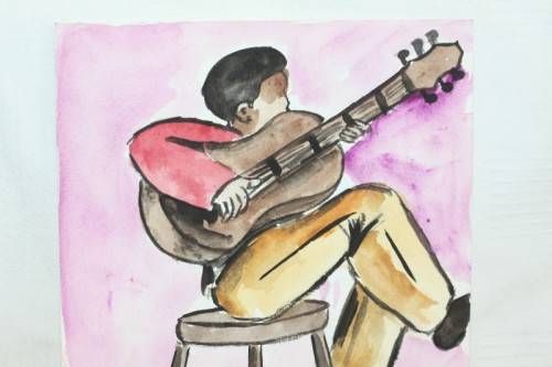 Beautiful original signed unframed Lucas V. Mahome watercolour painting of a guitar player -RS17Sale