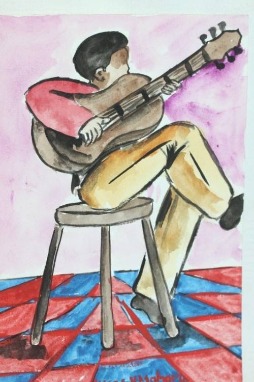 Beautiful original signed unframed Lucas V. Mahome watercolour painting of a guitar player -RS17Sale