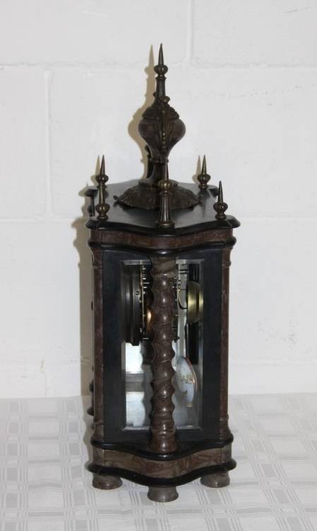 **RS17** A larger red marble & glass double-door pendulum mantle clock w/ a porcelain dial .
