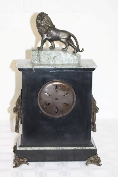 An incredible Italian grey granite & French black slate bronze Lion mantle clock