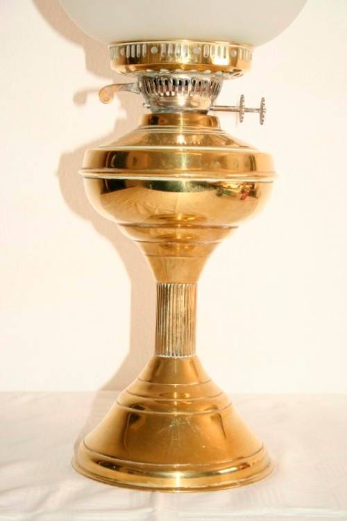 A magnificent tall antique solid brass "double-wick" paraffin lamp w/ snuffer & frosted glass shade