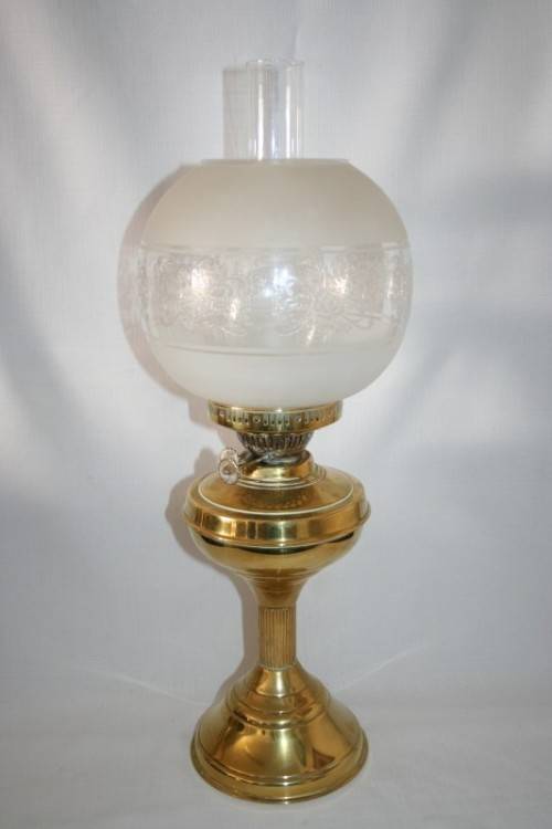 A magnificent tall antique solid brass "double-wick" paraffin lamp w/ snuffer & frosted glass shade