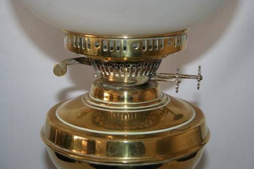 A magnificent tall antique solid brass "double-wick" paraffin lamp w/ snuffer & frosted glass shade