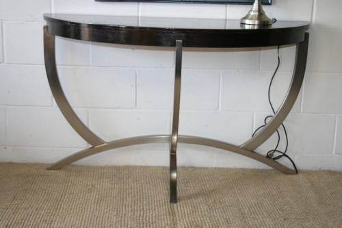 An awesome modern brushed steel framed half-moon console/ occasional table with a dark hardwood top