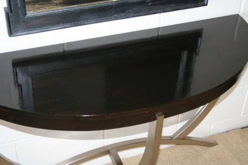 An awesome modern brushed steel framed half-moon console/ occasional table with a dark hardwood top