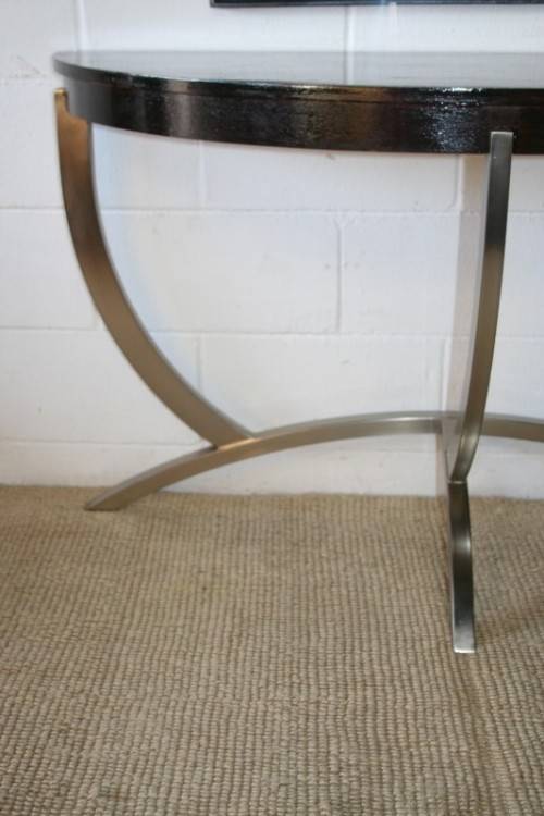 An awesome modern brushed steel framed half-moon console/ occasional table with a dark hardwood top
