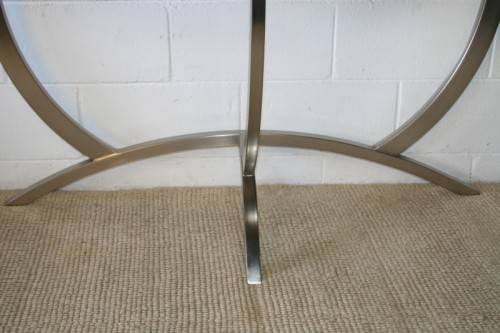 An awesome modern brushed steel framed half-moon console/ occasional table with a dark hardwood top