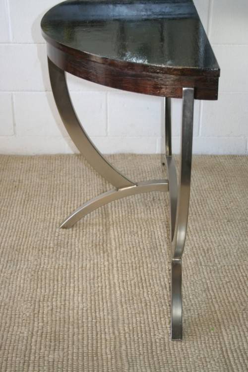 An awesome modern brushed steel framed half-moon console/ occasional table with a dark hardwood top
