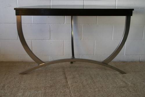An awesome modern brushed steel framed half-moon console/ occasional table with a dark hardwood top