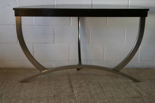 An awesome modern brushed steel framed half-moon console/ occasional table with a dark hardwood top