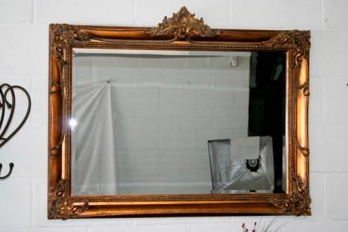 Exquisite solid wooden ornately moulded "antique gold" bevelled glass buffet/ mantle mirror - RS17M