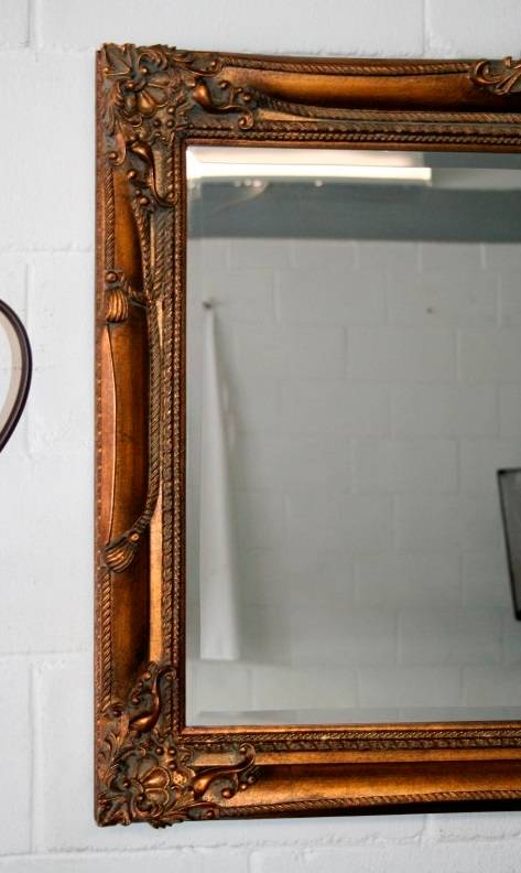 Exquisite solid wooden ornately moulded "antique gold" bevelled glass buffet/ mantle mirror - RS17M