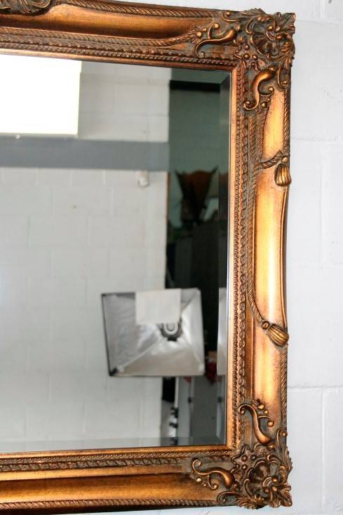 Exquisite solid wooden ornately moulded "antique gold" bevelled glass buffet/ mantle mirror - RS17M