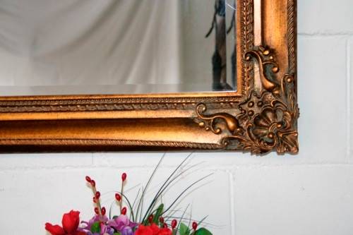 Exquisite solid wooden ornately moulded "antique gold" bevelled glass buffet/ mantle mirror - RS17M