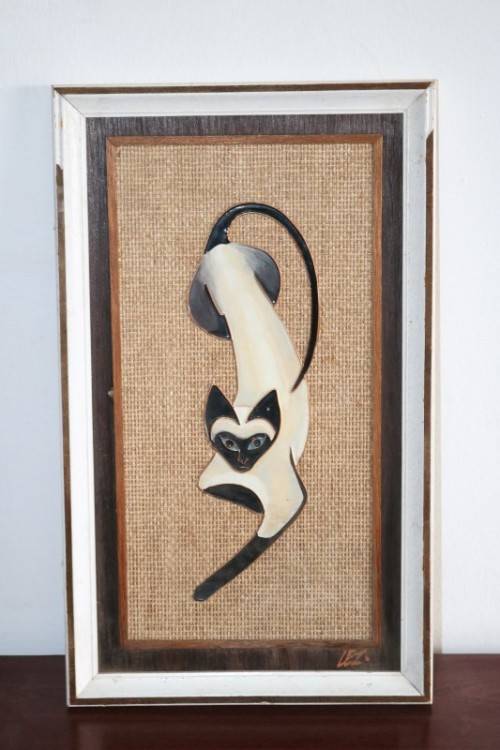 **RS17** Signed and framed "Lez Frizelle" African Siamese Cat hand enamelled artwork on copper