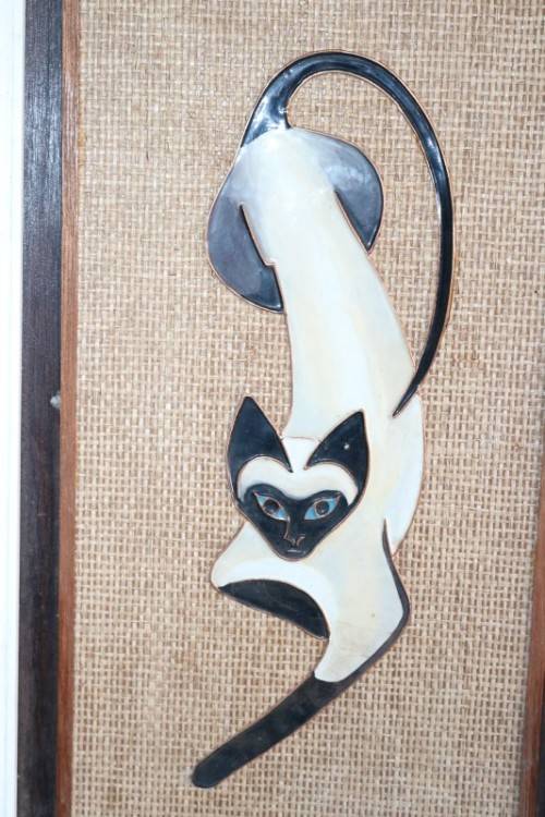 **RS17** Signed and framed "Lez Frizelle" African Siamese Cat hand enamelled artwork on copper