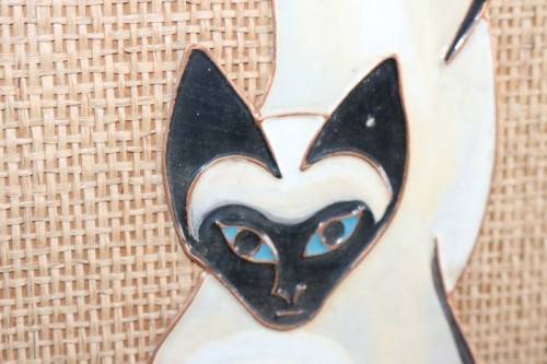 **RS17** Signed and framed "Lez Frizelle" African Siamese Cat hand enamelled artwork on copper