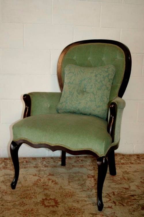 A gorgeous vintage solid Imbuia Queen Anne occasional arm chair in a stylish light green velvet