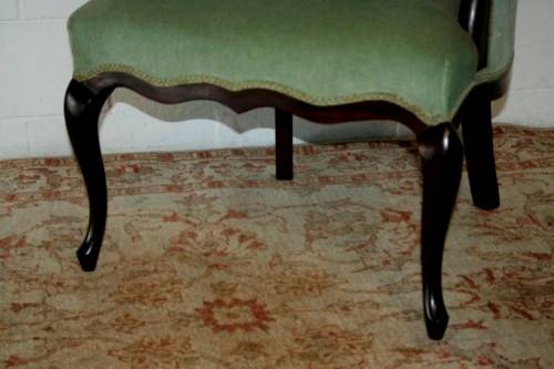 A gorgeous vintage solid Imbuia Queen Anne occasional arm chair in a stylish light green velvet