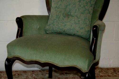 A gorgeous vintage solid Imbuia Queen Anne occasional arm chair in a stylish light green velvet