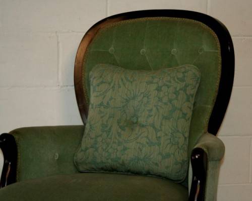 A gorgeous vintage solid Imbuia Queen Anne occasional arm chair in a stylish light green velvet