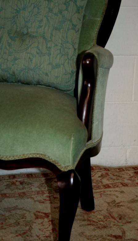 A gorgeous vintage solid Imbuia Queen Anne occasional arm chair in a stylish light green velvet