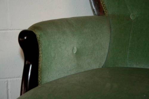 A gorgeous vintage solid Imbuia Queen Anne occasional arm chair in a stylish light green velvet