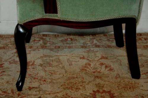 A gorgeous vintage solid Imbuia Queen Anne occasional arm chair in a stylish light green velvet